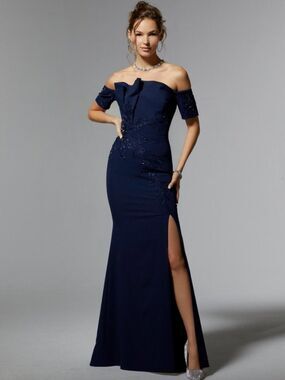 MGNY Navy Embellished Off The Shoulder Gown Sleeve Beaded Floral Applique 72919